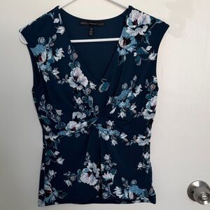 White House Black Market Dark Teal Floral Twist Front Blouse